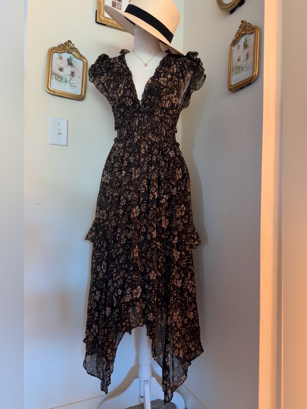 Ulla Johnson Black Floral Asymmetrical Midi Dress 100% Silk - Picture 2 of 12